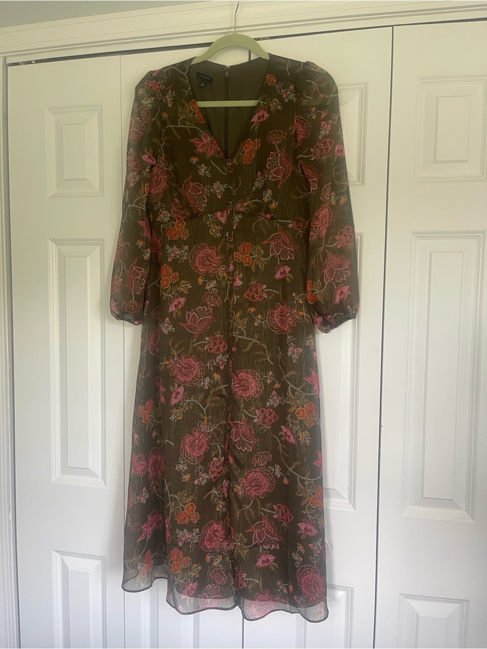 Talbots Olive Floral Midi Dress with Pink and Orange Blooms